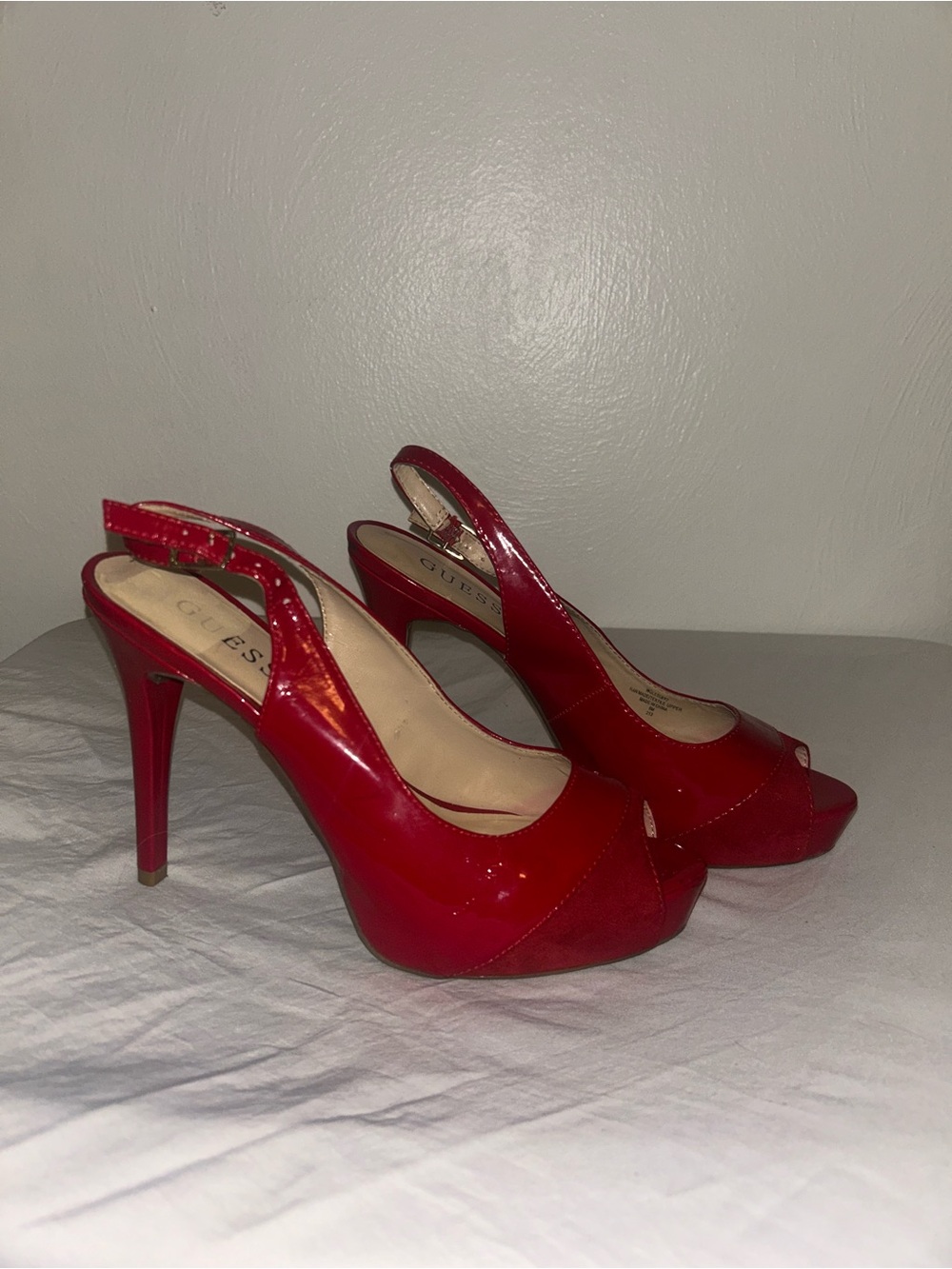 Guess Red Patent Peep-Toe Slingback Pumps